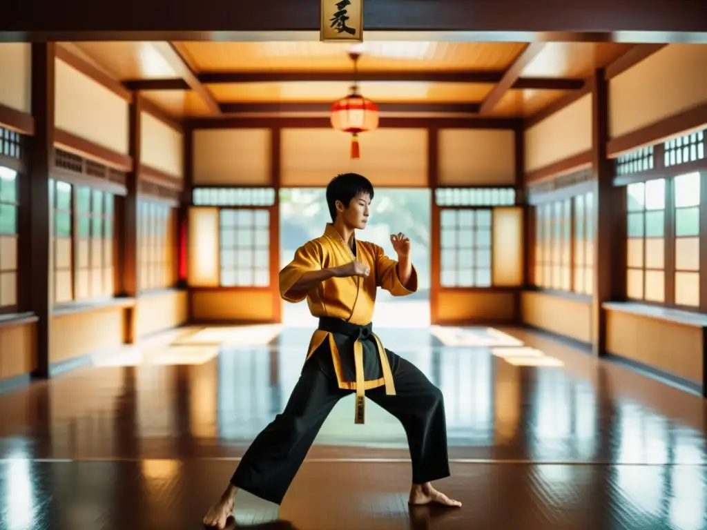 Un dojo de artes marciales con influencia espiritual de Bruce Lee, lleno de luz natural y entrenamientos intensos