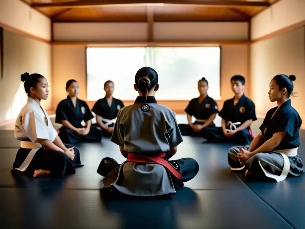 Un dojo de artes marciales con instructor y estudiantes reflexionando sobre la psicología de la derrota en artes marciales