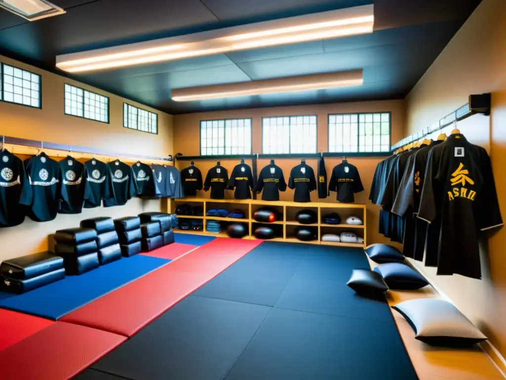 Un dojo de artes marciales lleno de mercancía oficial como uniformes, equipo de entrenamiento y accesorios