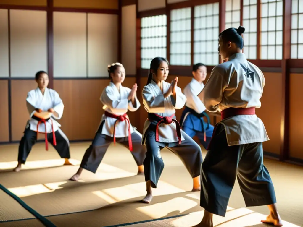 Un dojo de artes marciales lleno de energía, con estudiantes practicando con disciplina y determinación mientras el sensei guía con sabiduría