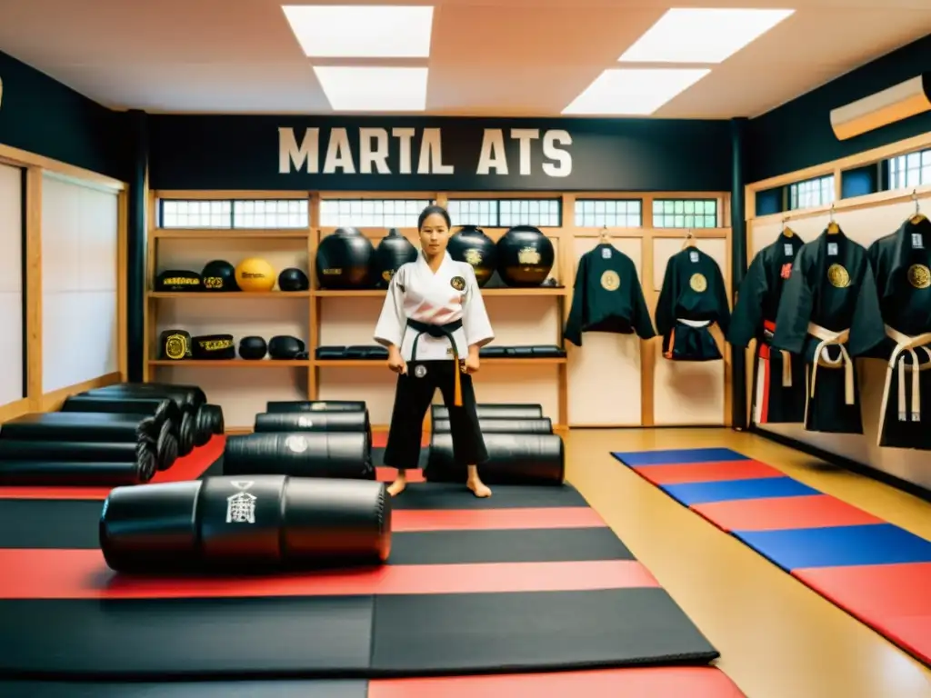 Un dojo de artes marciales lleno de vida y energía, con estudiantes practicando técnicas y rodeados de mercancía oficial de artes marciales