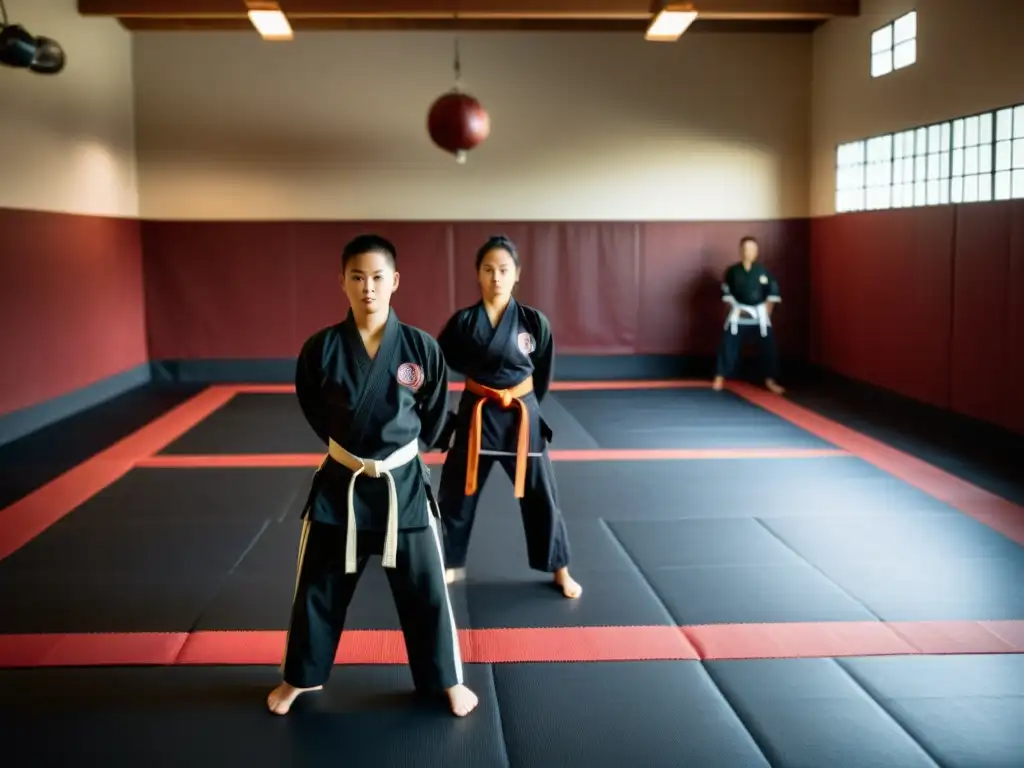 Un dojo de artes marciales lleno de estudiantes practicando diversas técnicas, bajo la mirada atenta de un instructor