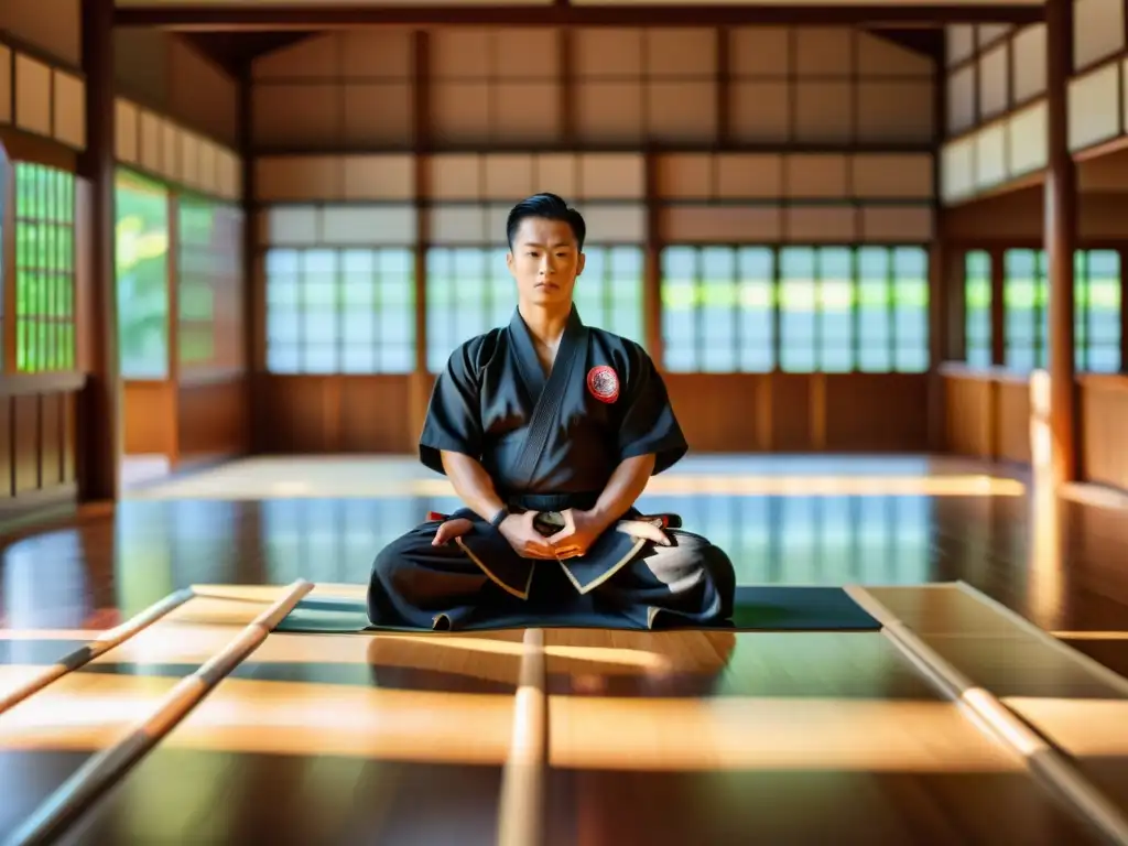 Un dojo de artes marciales con luz natural iluminando el suelo de madera