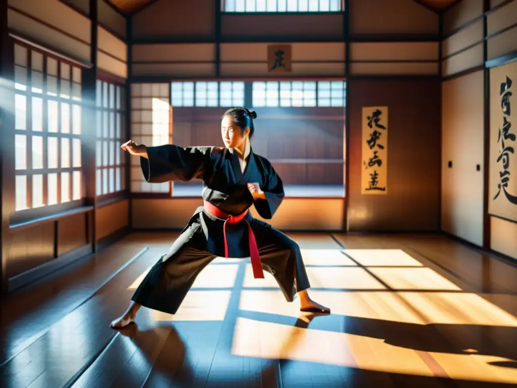 Un dojo de artes marciales con maestro y estudiante practicando una técnica, rodeados de tradición japonesa