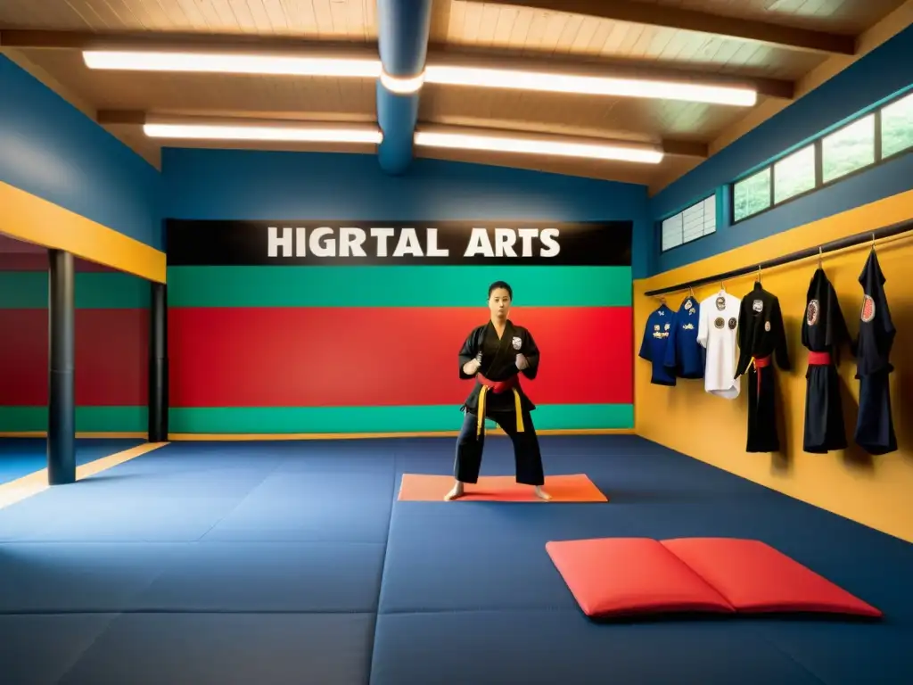 Un dojo de artes marciales con merchandising oficial, entrenamiento disciplinado y ambiente motivador