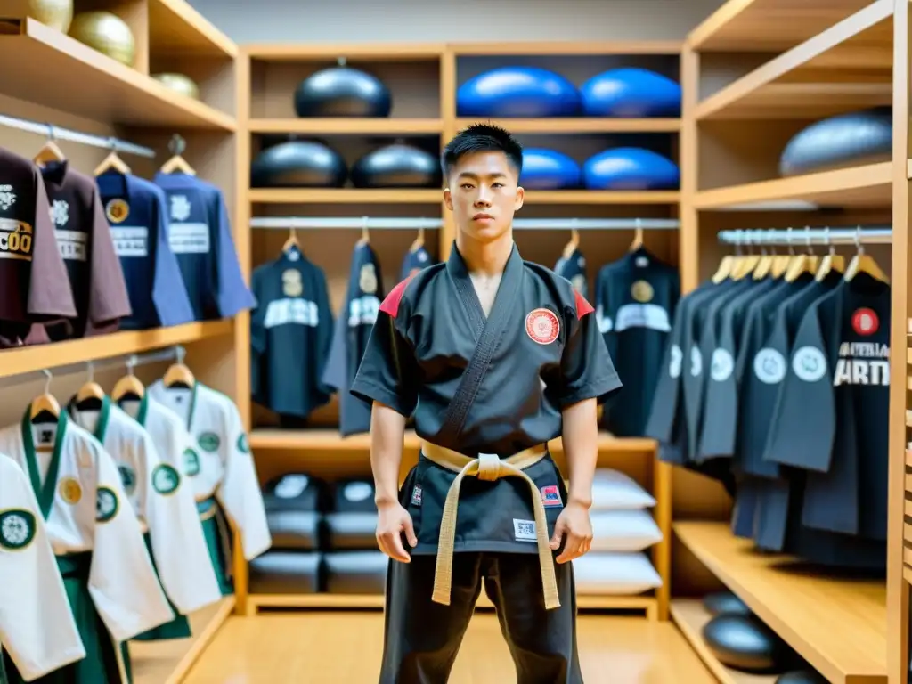 Un dojo de artes marciales con merchandising oficial, estudiantes practicando en el fondo y luz cálida