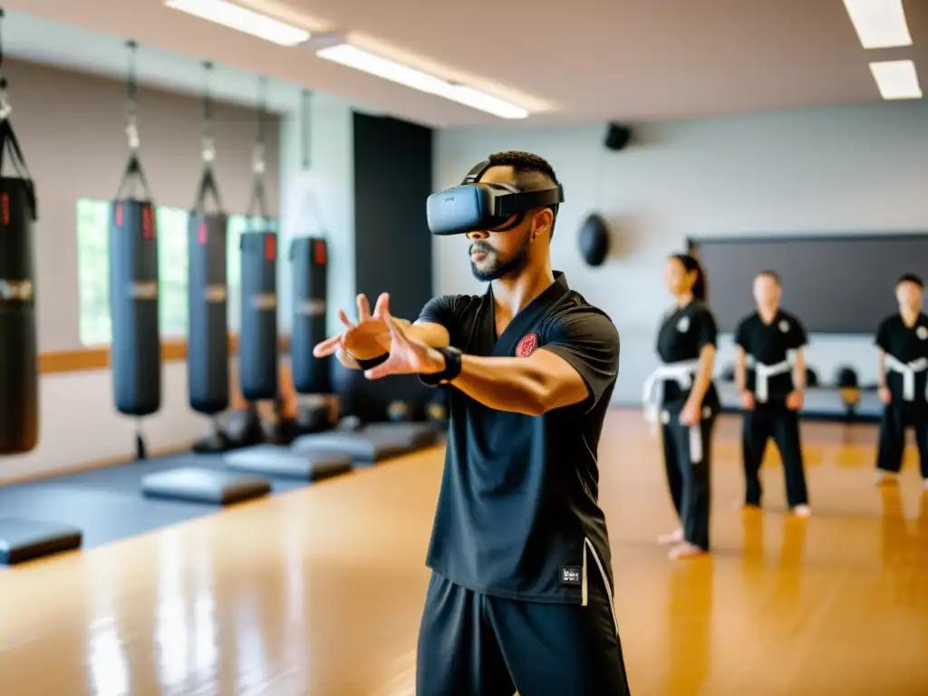 Un dojo de artes marciales moderno con herramientas tecnológicas para entrenamiento marcial, bañado en cálida luz natural