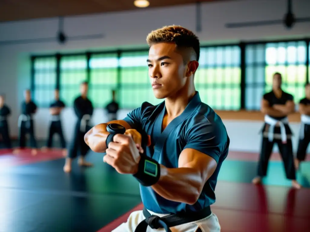 Un dojo de artes marciales con practicantes usando rastreadores de fitness, combinando tradición y tecnología