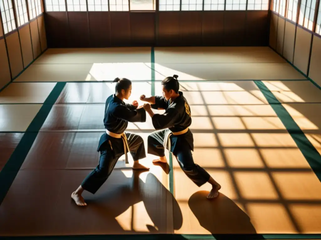 En el dojo de artes marciales, dos practicantes se enfrentan en un intenso combate, rodeados de equipo de entrenamiento