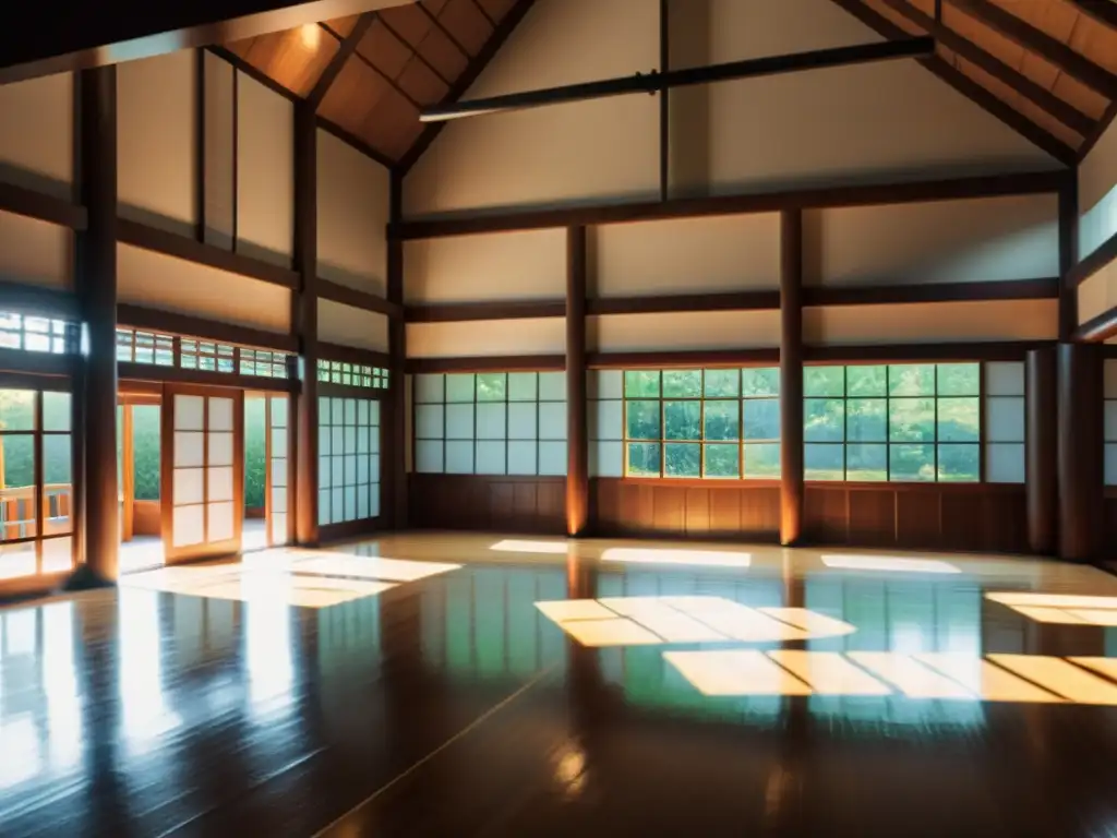 Un dojo de artes marciales rebosante de energía, con estudiantes practicando técnicas, armas tradicionales y luz natural