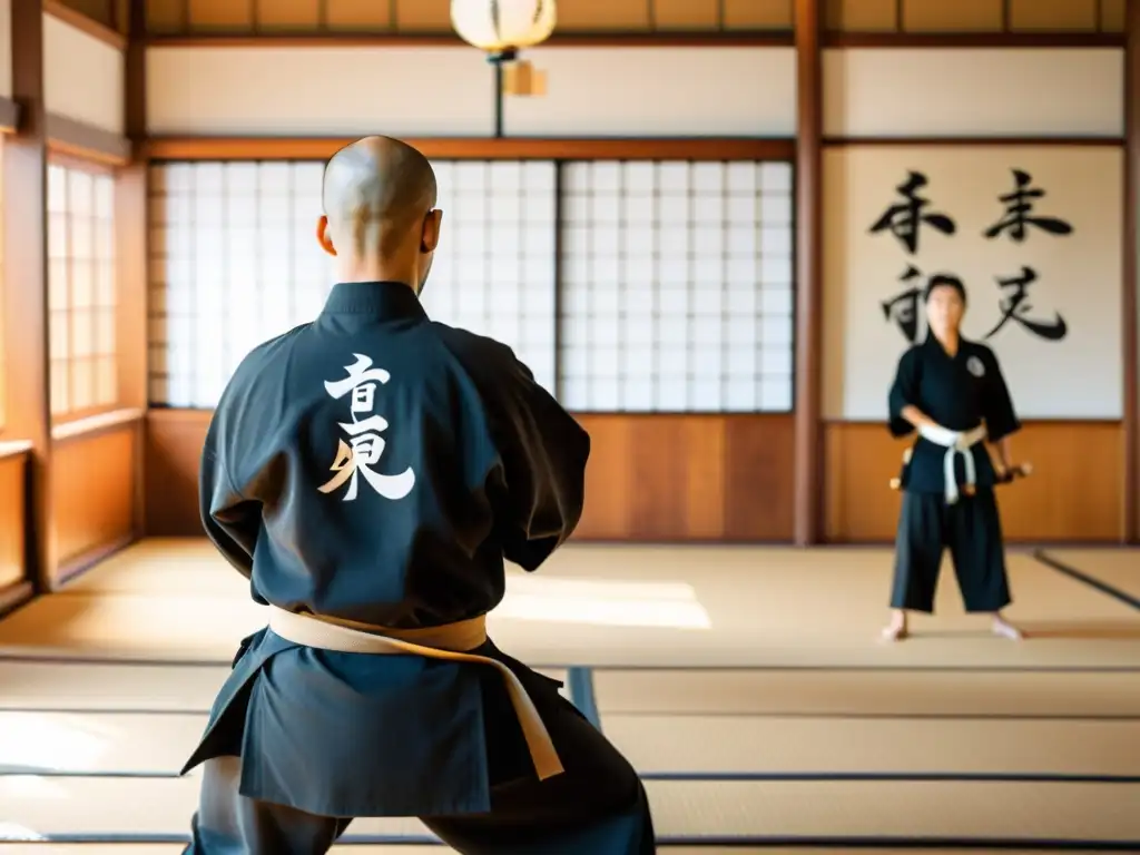 Un dojo de artes marciales sereno, iluminado por suave luz natural, donde el sensei guía en la práctica meditativa de tai chi