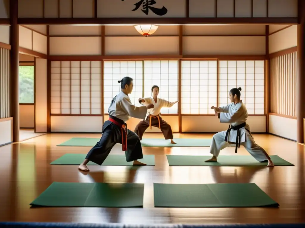 Un dojo de artes marciales sereno con practicantes en perfecta armonía, reflejando la filosofía zen en artes marciales