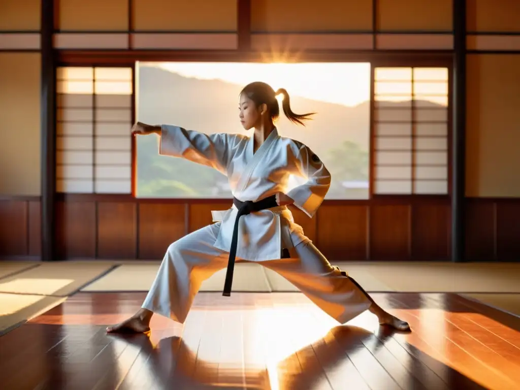 Un dojo de artes marciales sereno al atardecer, con luz dorada cálida que crea sombras largas en el suelo de madera