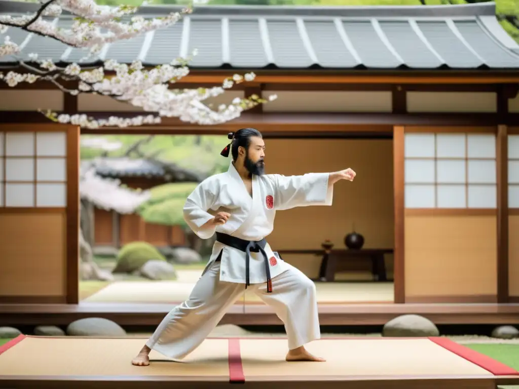 Un dojo de artes marciales sereno con arquitectura japonesa tradicional, estudiantes practicando kata y un sabio sensei