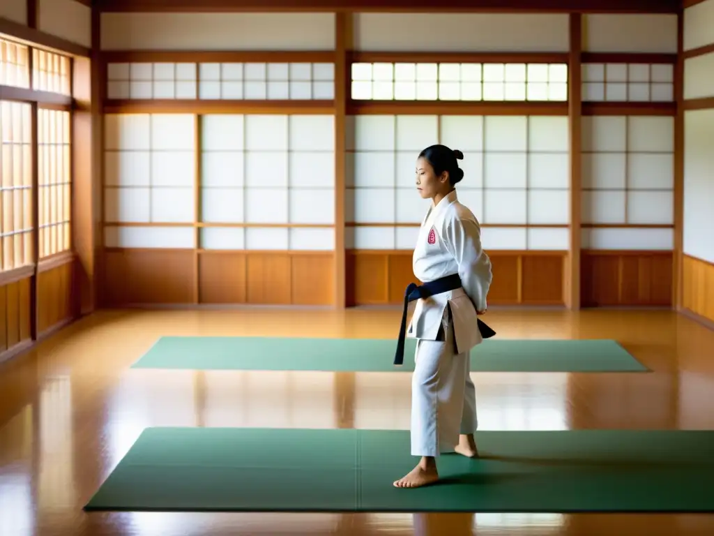 Un dojo de artes marciales sereno, iluminado con luz natural, donde practicantes de Aikido entrenan con equilibrio y concentración