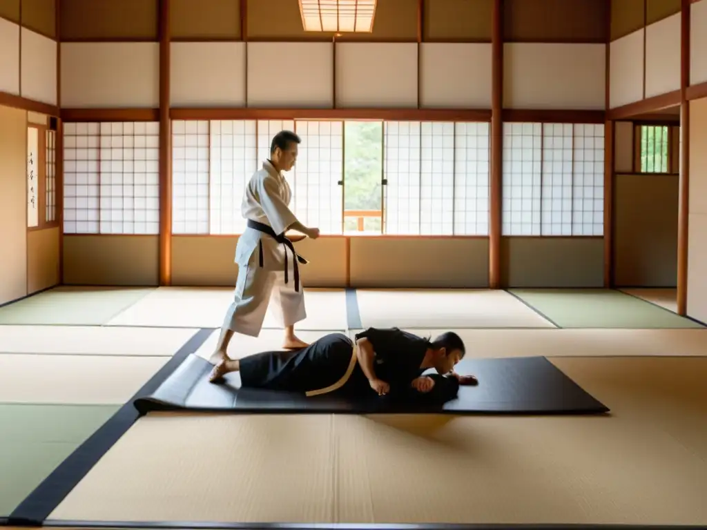 Un dojo de artes marciales sereno con luz natural iluminando el tatami