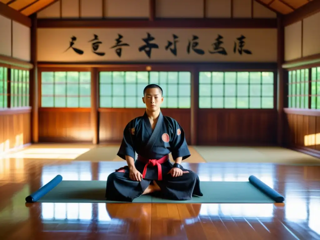 Un dojo de artes marciales sereno, con luz natural cálida, maestro mostrando movimientos precisos, estudiantes practicando con dedicación