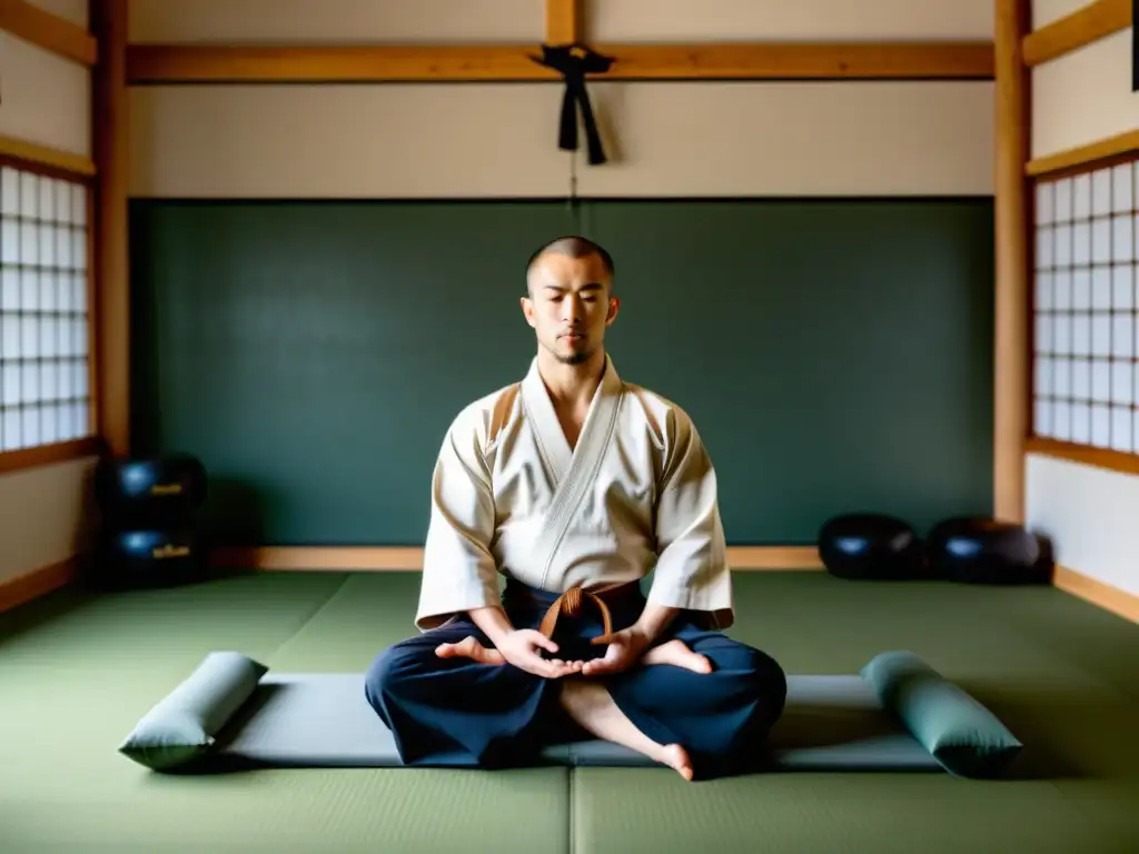 Un dojo de artes marciales sereno bañado en suave luz natural, con un practicante experto en meditación