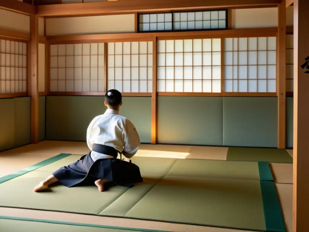 Un dojo de artes marciales sereno con luz natural iluminando la práctica de Aikido y Jodo