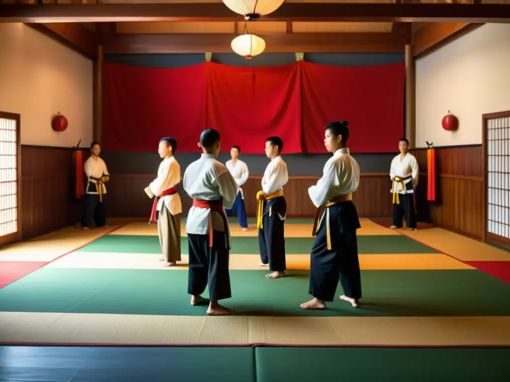 Un dojo de artes marciales tradicional con estudiantes practicando formas, cinturones coloridos y muñecos de entrenamiento de madera