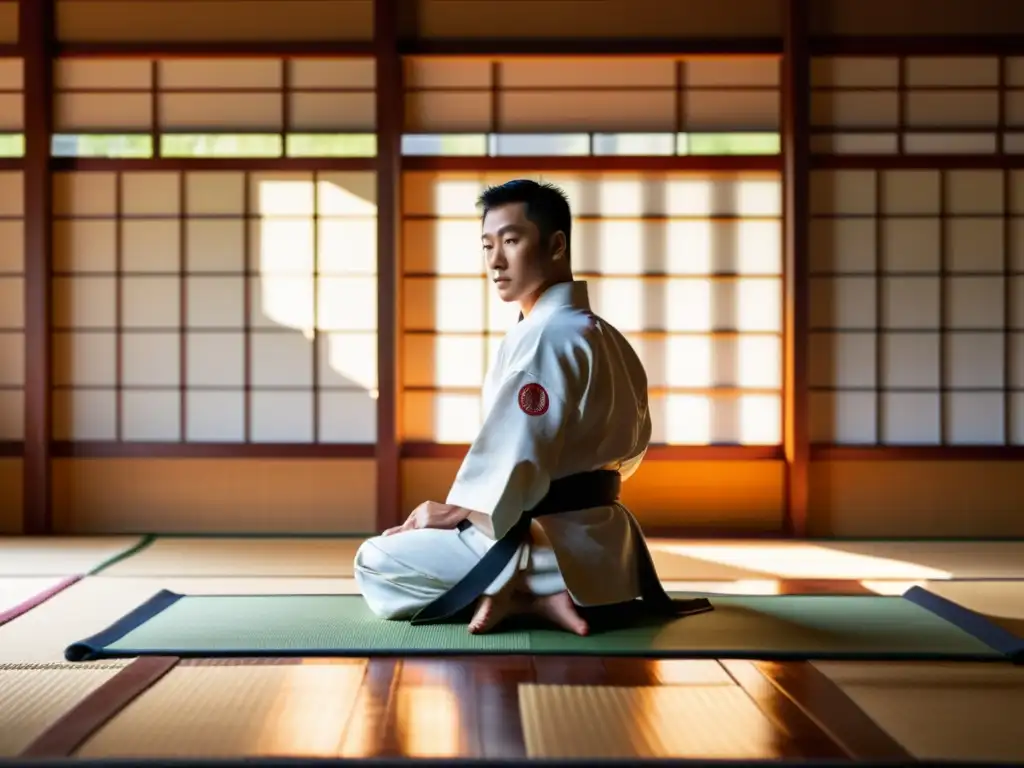 Un dojo de artes marciales tradicional, con luz de tarde, estudiantes practicando movimientos fluidos y el sensei demostrando técnicas con precisión