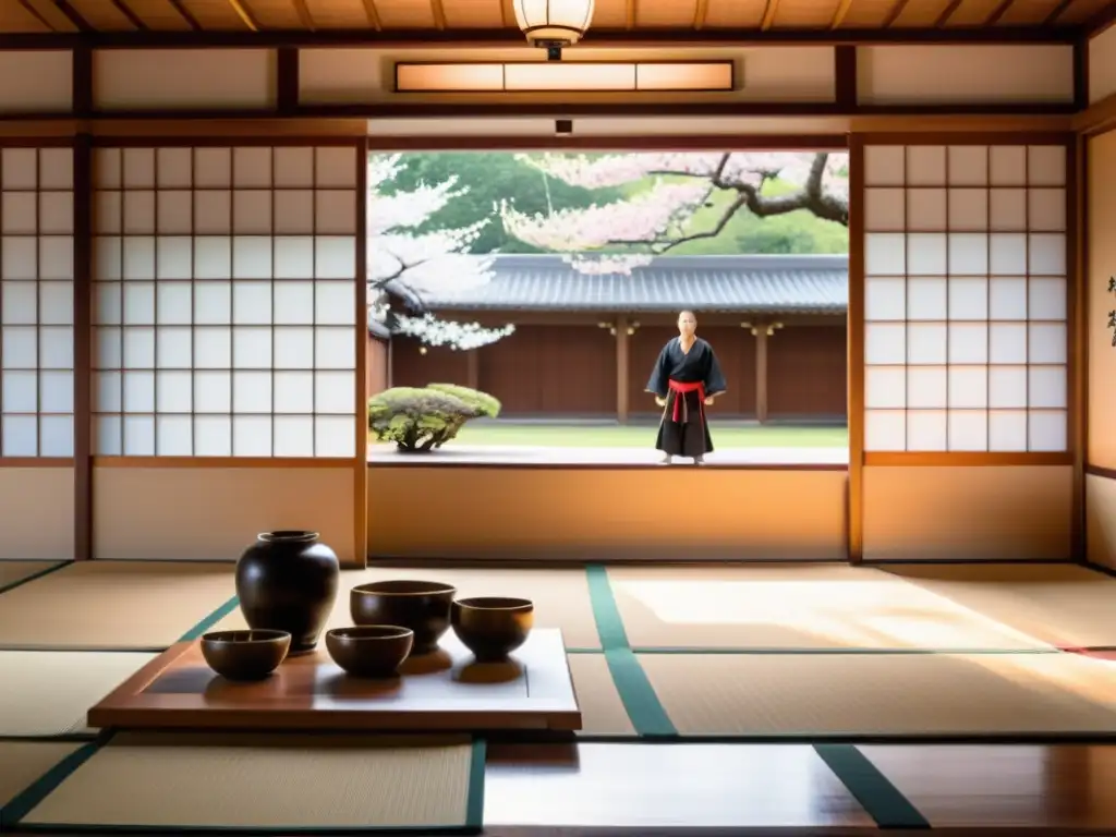 Un dojo de artes marciales tradicional japonés con una atmósfera serena y enfocada