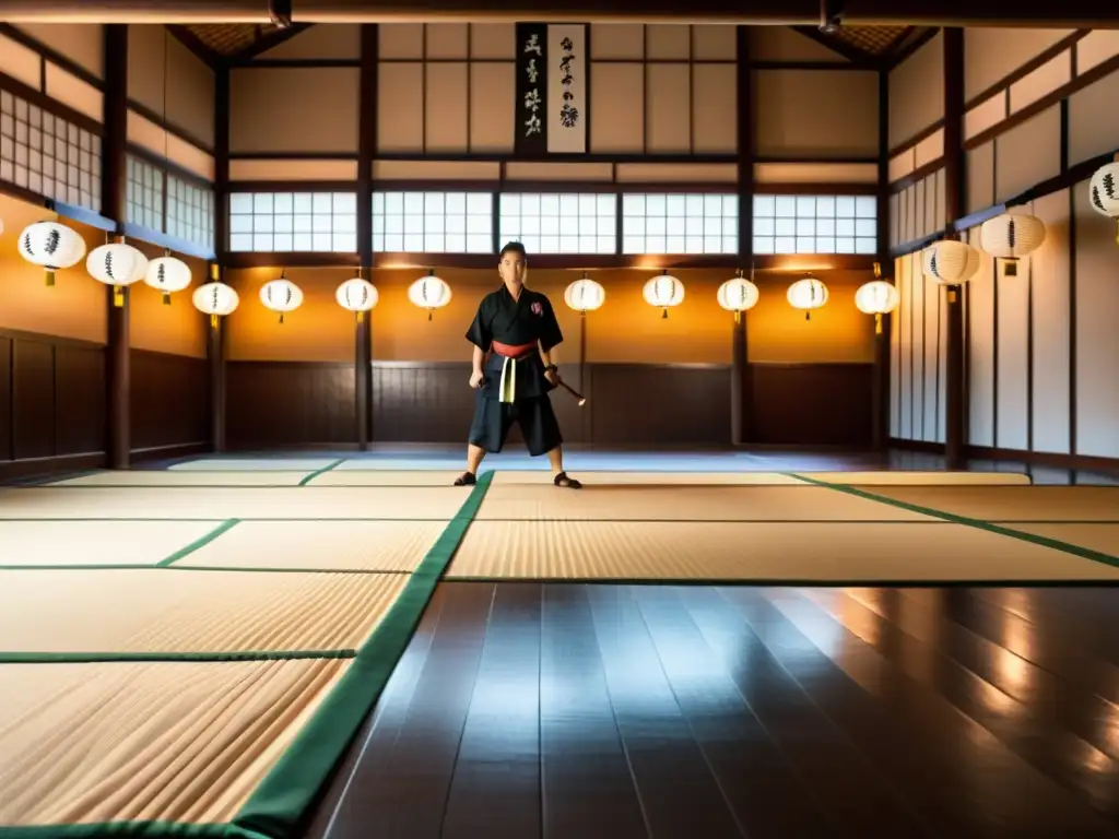 Un dojo de artes marciales tradicional japonés con practicantes en movimiento, resaltando la disciplina y dedicación