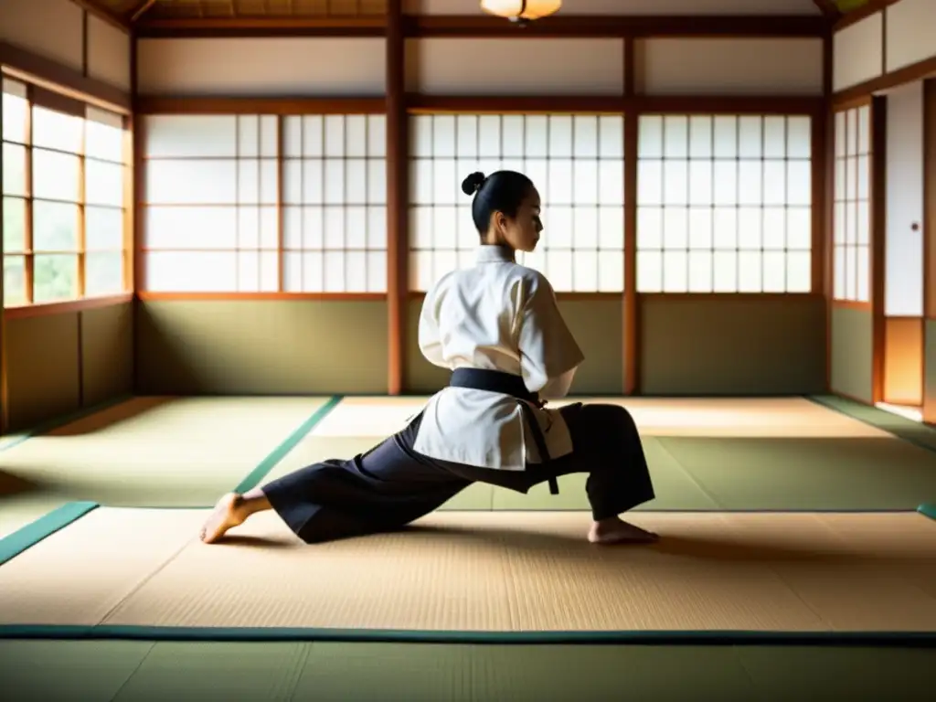 Un dojo de artes marciales tradicional con tatamis desgastados crea un espacio de entrenamiento sereno y reverente