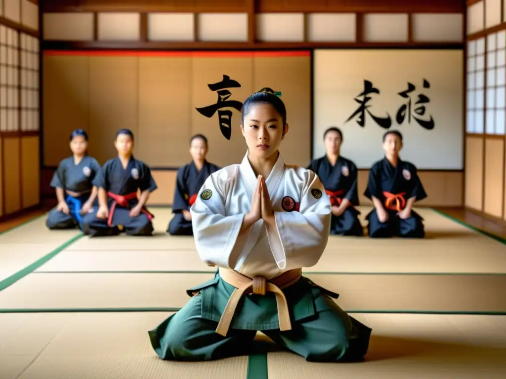 Un dojo de artes marciales tradicionales con estudiantes practicando kata mientras un sensei observa con serenidad