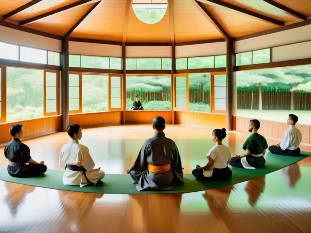 Un dojo de artes marciales tradicionales con diseño minimalista y sereno