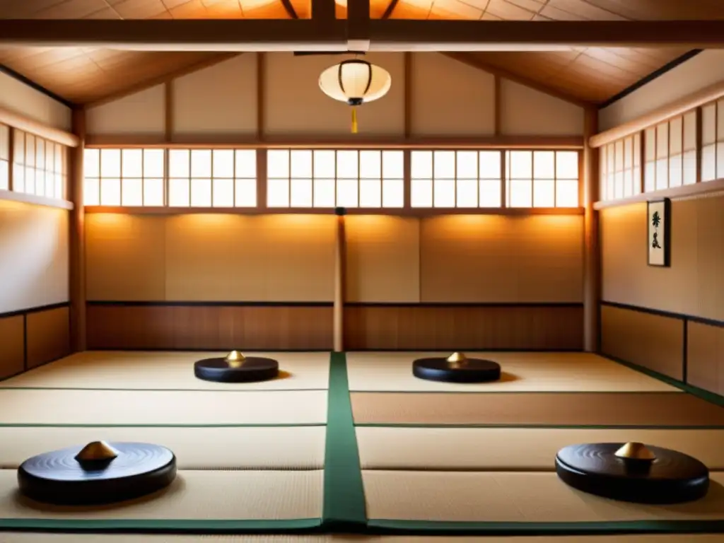 Dojo de artes marciales: tradición y disciplina en acción Un dojo de artes marciales tradicionales con ambiente sereno y minimalista, donde se practican técnicas con determinación