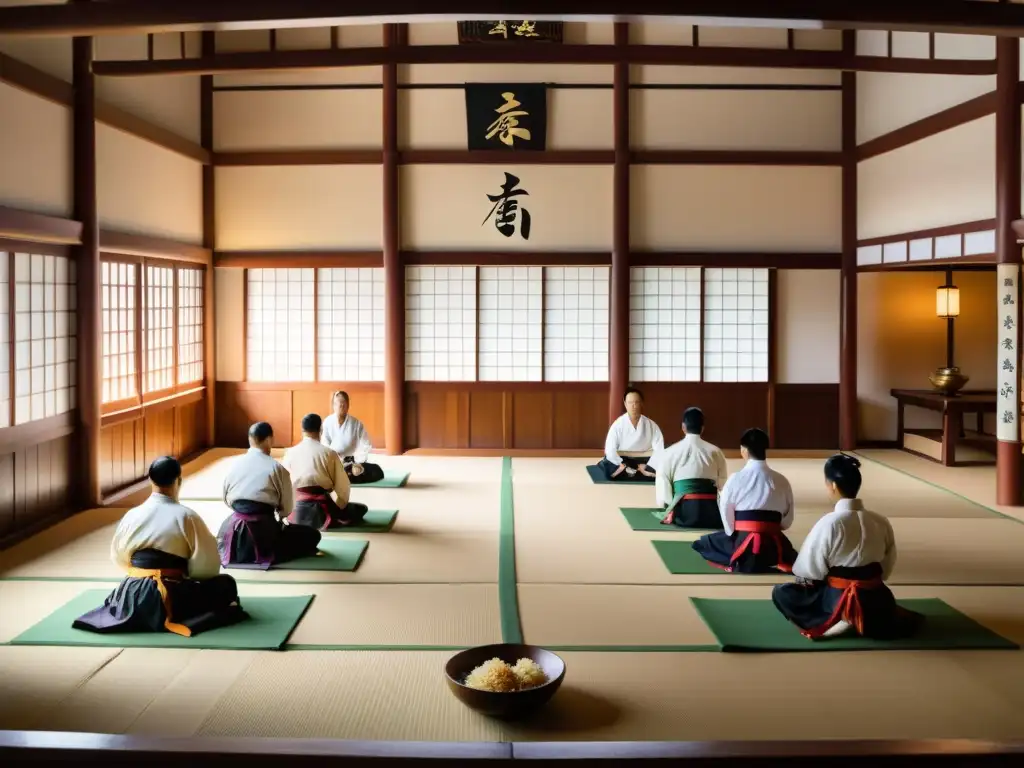 Un dojo de artes marciales tradicionales con artistas marciales compartiendo una comida cultural en un ambiente comunitario y respetuoso