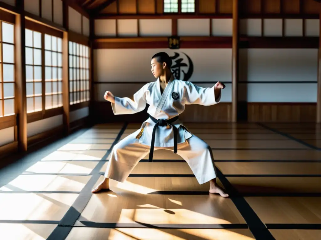 Un dojo de artes marciales tradicionales con maestro, estudiantes y ambiente de reverencia