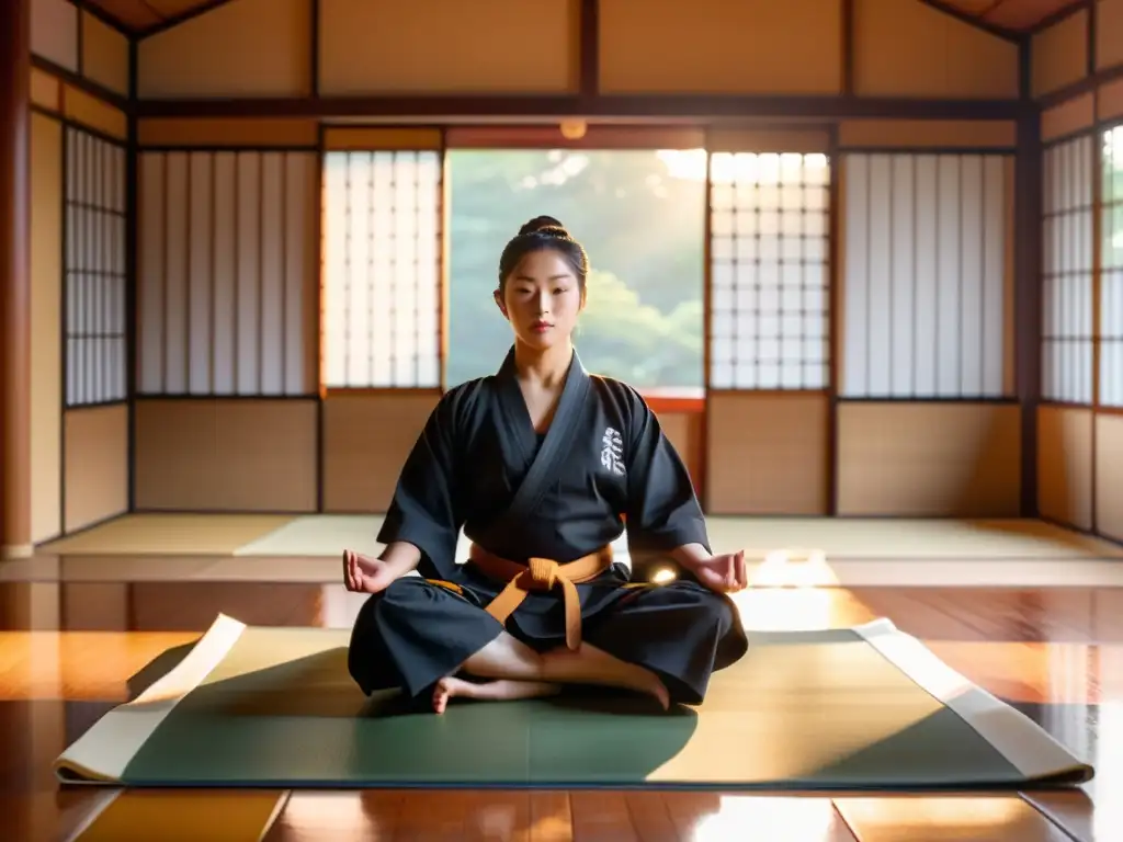 Un dojo de artes marciales tranquilo al atardecer con un practicante de cinturón negro meditando