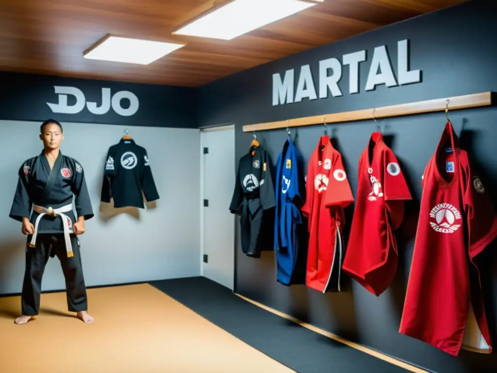 Un dojo de artes marciales con uniformes personalizados colgando y atletas entrenando, reflejando dedicación y profesionalismo