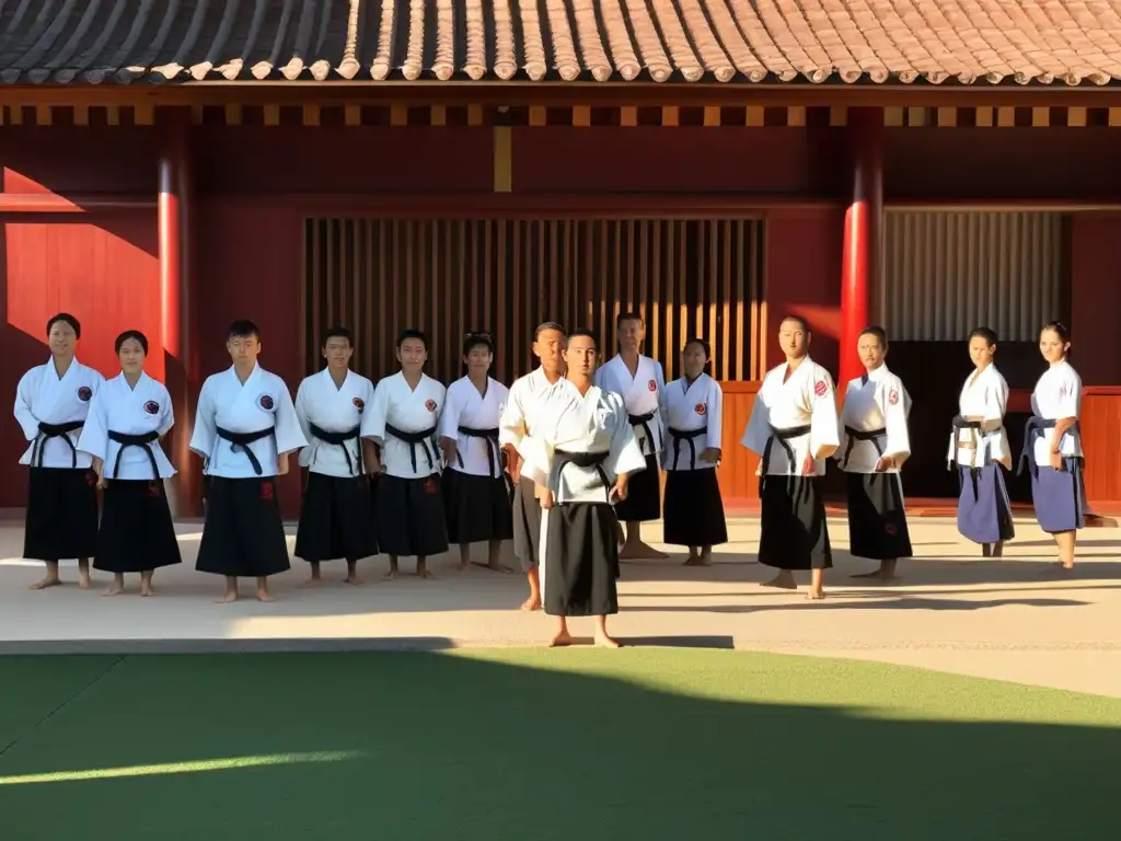 Entrenando en el Dojo Karate Okinawa: Estudiantes disciplinados en un dojo tradicional, con un ambiente de historia y dedicación