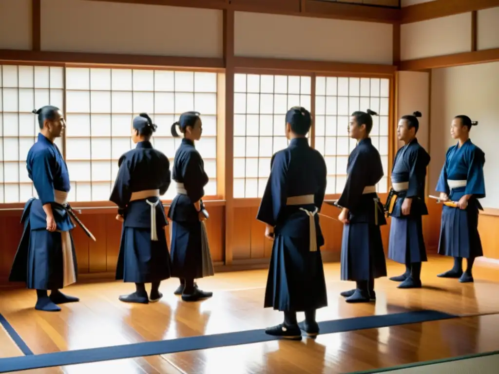 Arte y disciplina: Maestro de kendo imparte sabiduría a sus estudiantes Un dojo iluminado por la luz natural, donde practicantes de kendo se preparan para la clase con su sensei