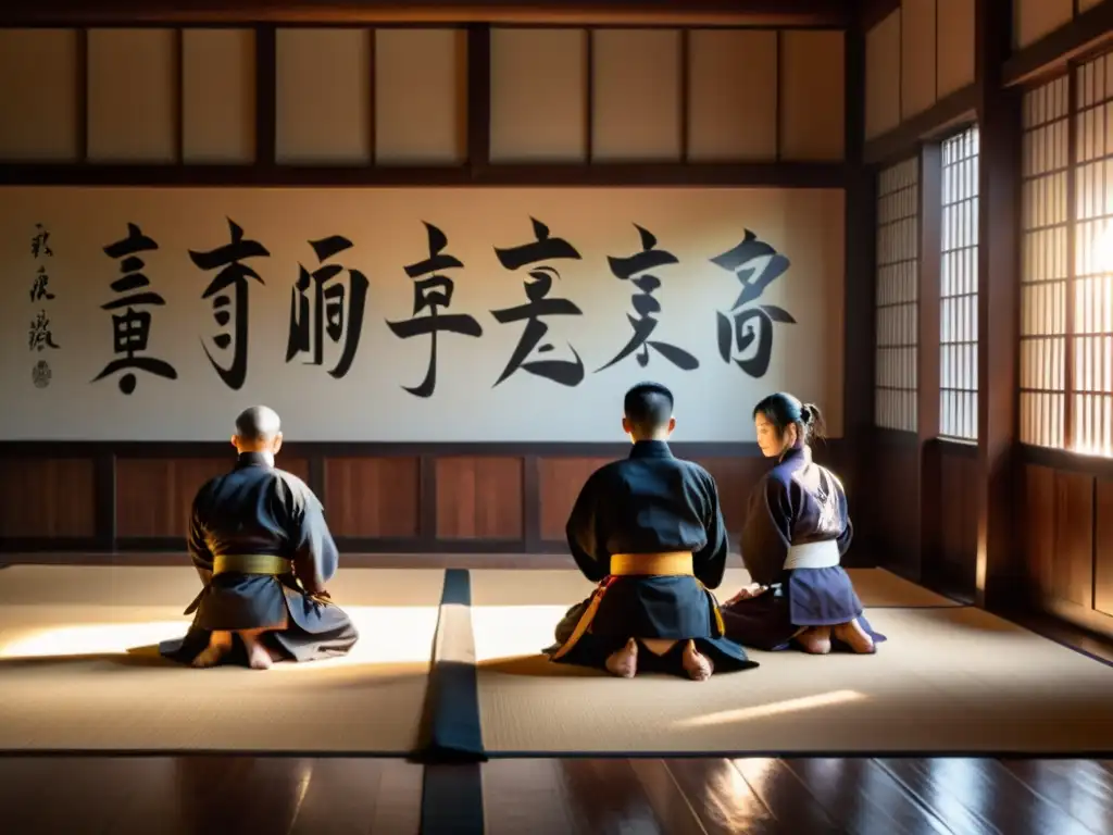 Un dojo iluminado suavemente, practicantes de artes marciales en uniformes tradicionales se inclinan, escuchando atentamente al sensei