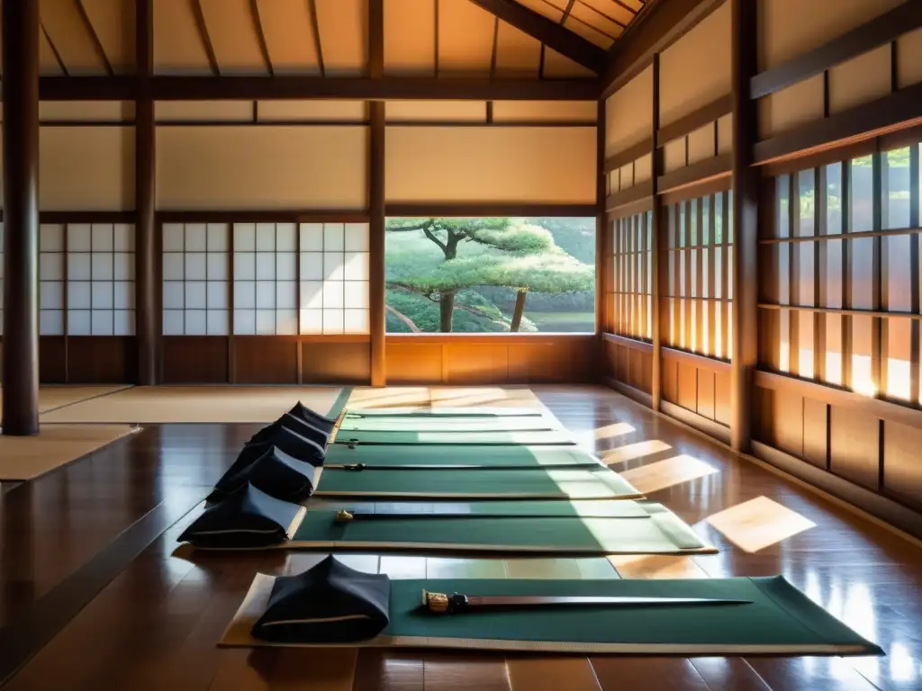 Un dojo japonés antiguo con espadas de entrenamiento de madera alineadas en la pared, reflejando la suave luz del sol