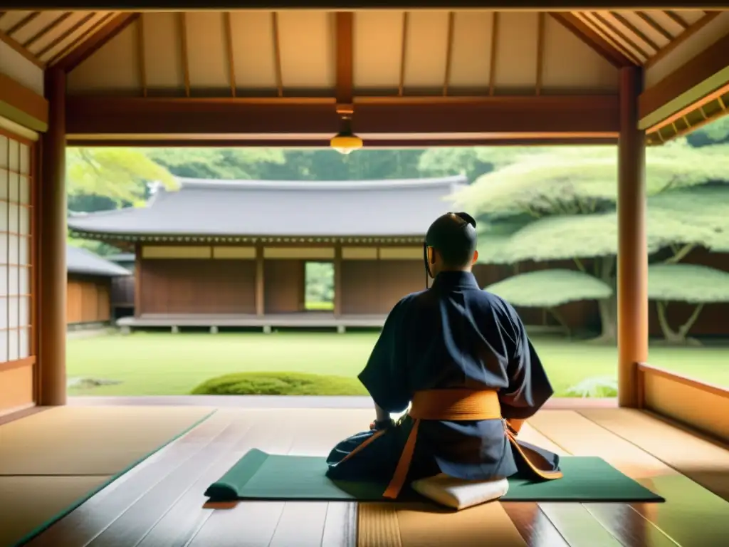 Un dojo japonés en un bosque verde con practicantes de kendo