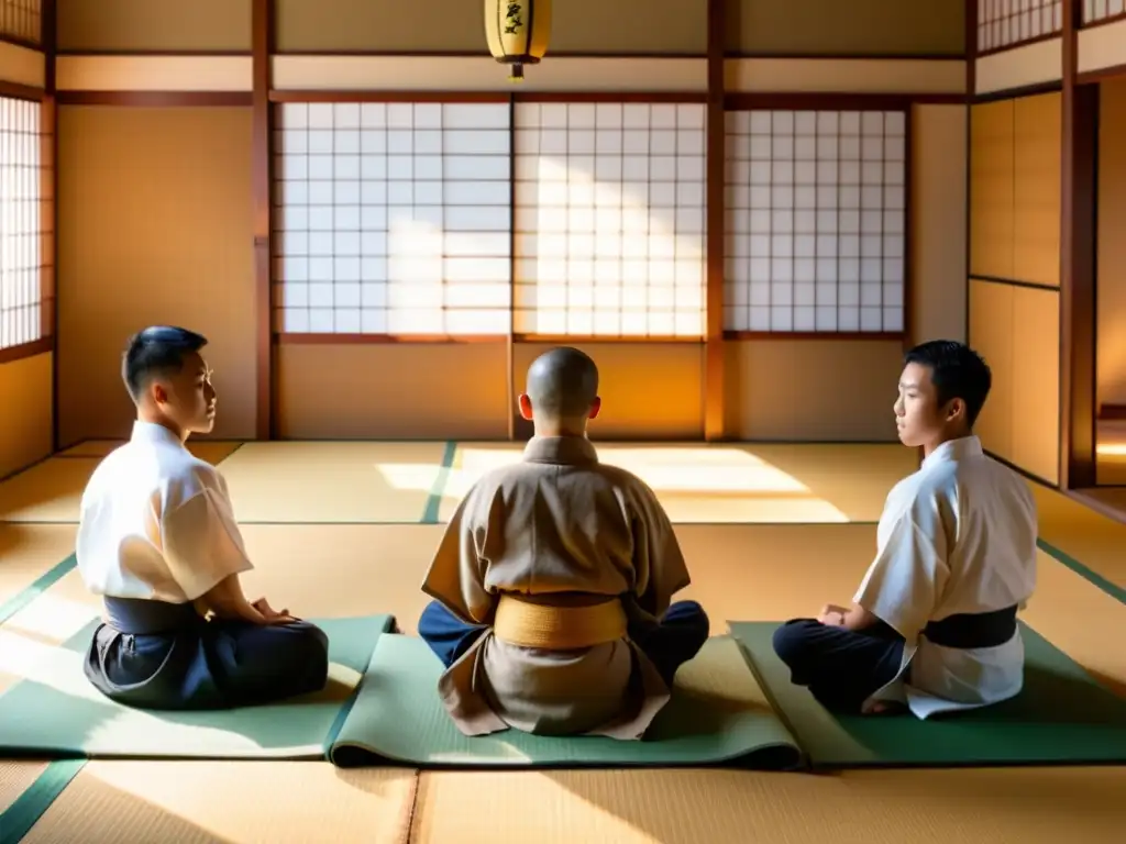 En el dojo japonés, estudiantes practican técnicas de respiración con el sensei, irradiando calma y concentración