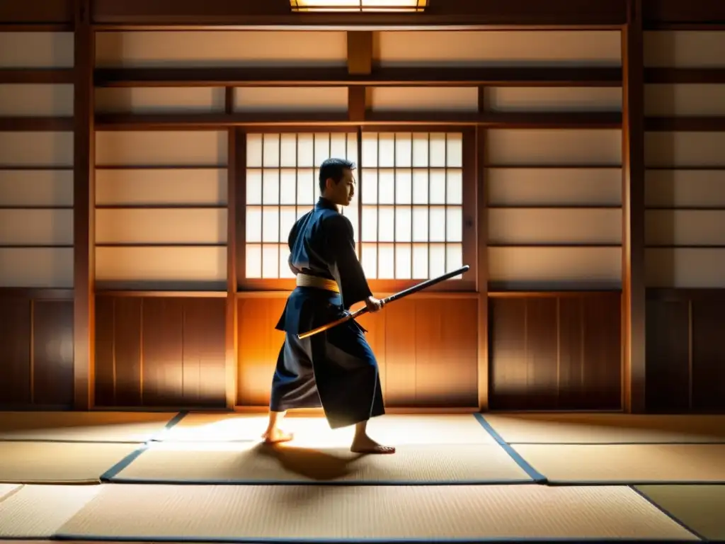 Un dojo japonés tradicional con armas de entrenamiento y un sensei demostrando una kata de iaido con precisión