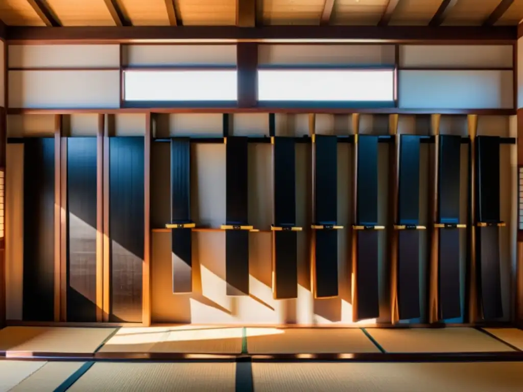 Un dojo japonés tradicional con armas de madera alineadas en la pared, mientras un sensei demuestra una técnica de Aikido o Jodo con gracia y poder