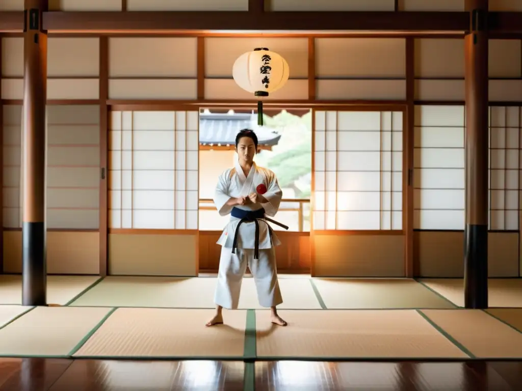 Un dojo japonés tradicional con un artista marcial en postura con un katana