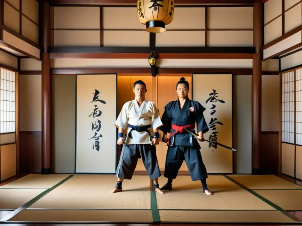 Un dojo japonés tradicional con artistas marciales practicando, capturando la estética artes marciales anime