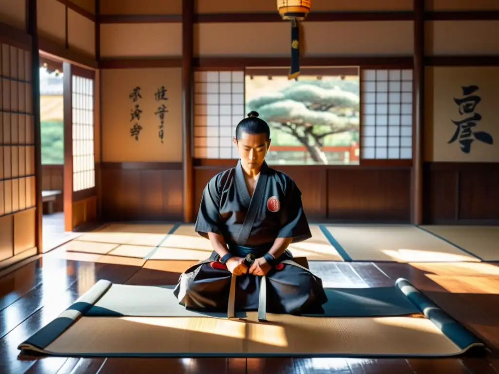 Maestro de la espada en el dojo japonés Un dojo japonés tradicional bañado por la luz del sol, donde un artista marcial medita rodeado de armas antiguas y pergaminos con caligrafía