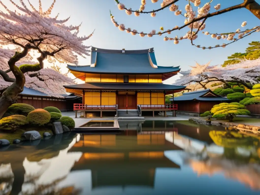 Un dojo japonés tradicional entre cerezos en flor, bañado por la cálida luz del atardecer