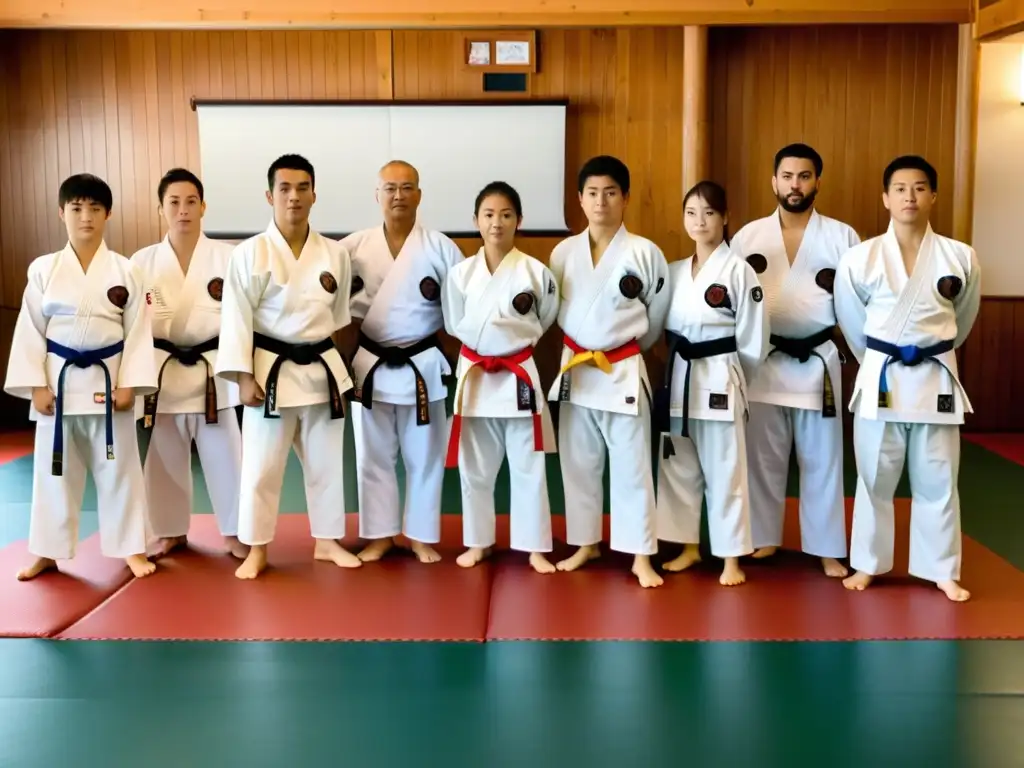 Un dojo japonés tradicional con estudiantes de karate en fila, mostrando respeto y disciplina