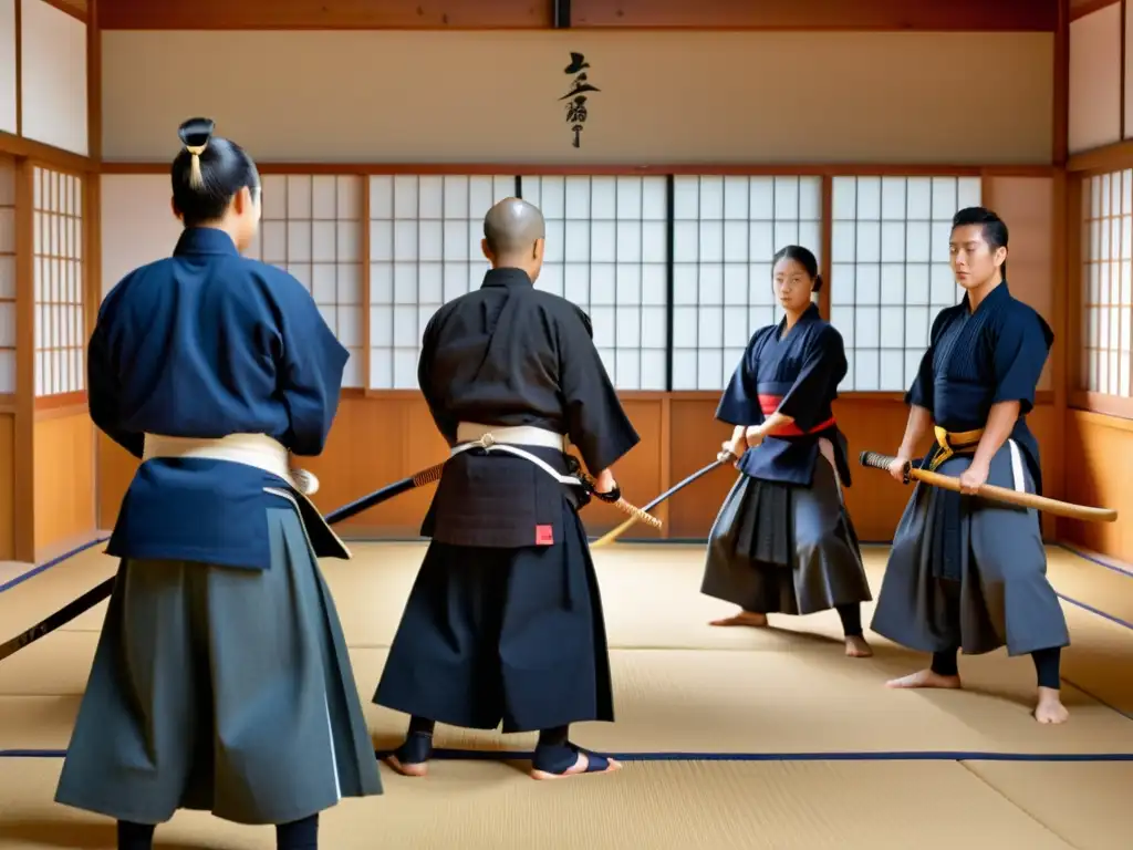 Un dojo japonés tradicional con estudiantes practicando Kendo e Iaido bajo la guía de un sensei