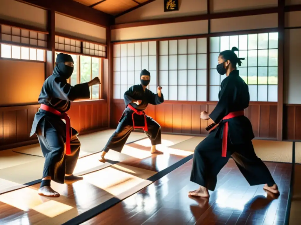 Un dojo japonés tradicional, donde un grupo de ninjas practican artes marciales con precisión y agilidad bajo la atenta mirada del sensei